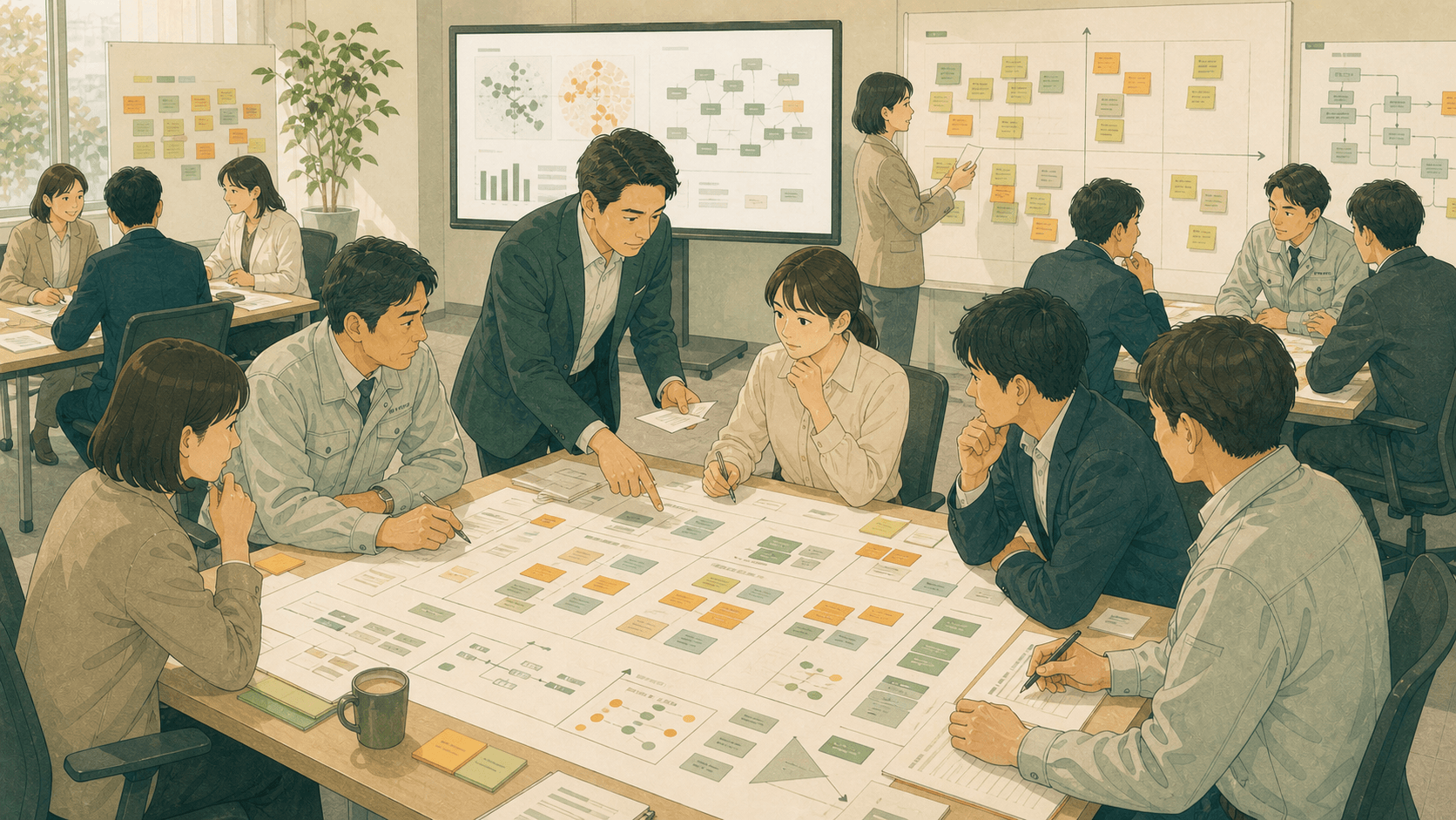 部署横断のメンバーが付箋やワークシートを使ってAI活用につながる課題を整理している様子