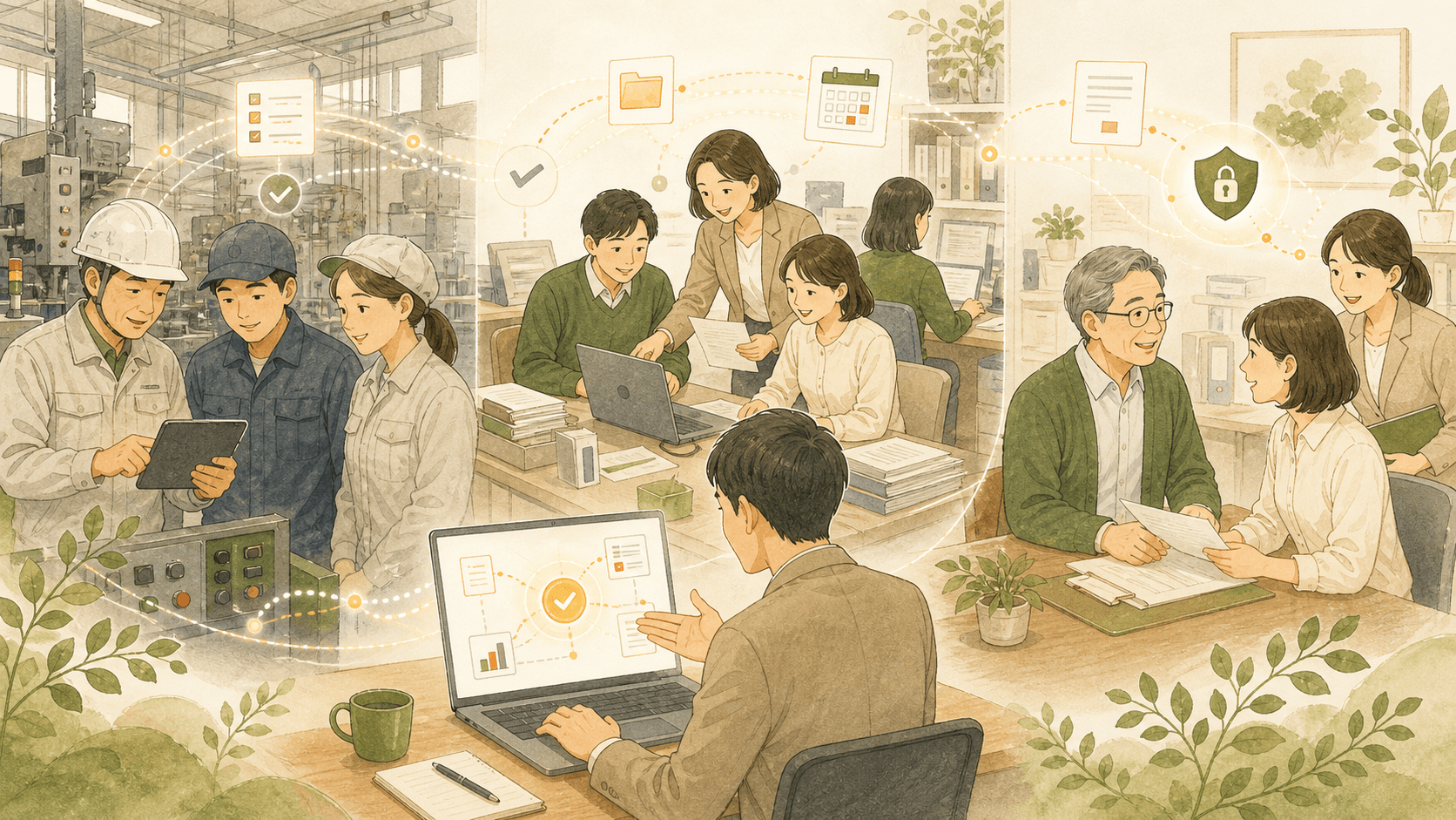 製造現場、事務作業、士業事務所に寄り添いながらAI導入を支援する様子