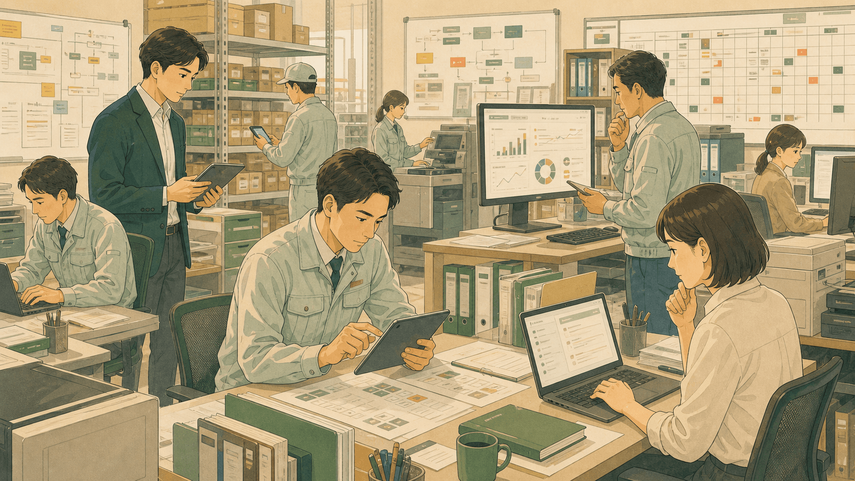 中小企業の事務所と作業現場で、作業着の従業員や事務担当者がAIツールを使って実務を進めている様子