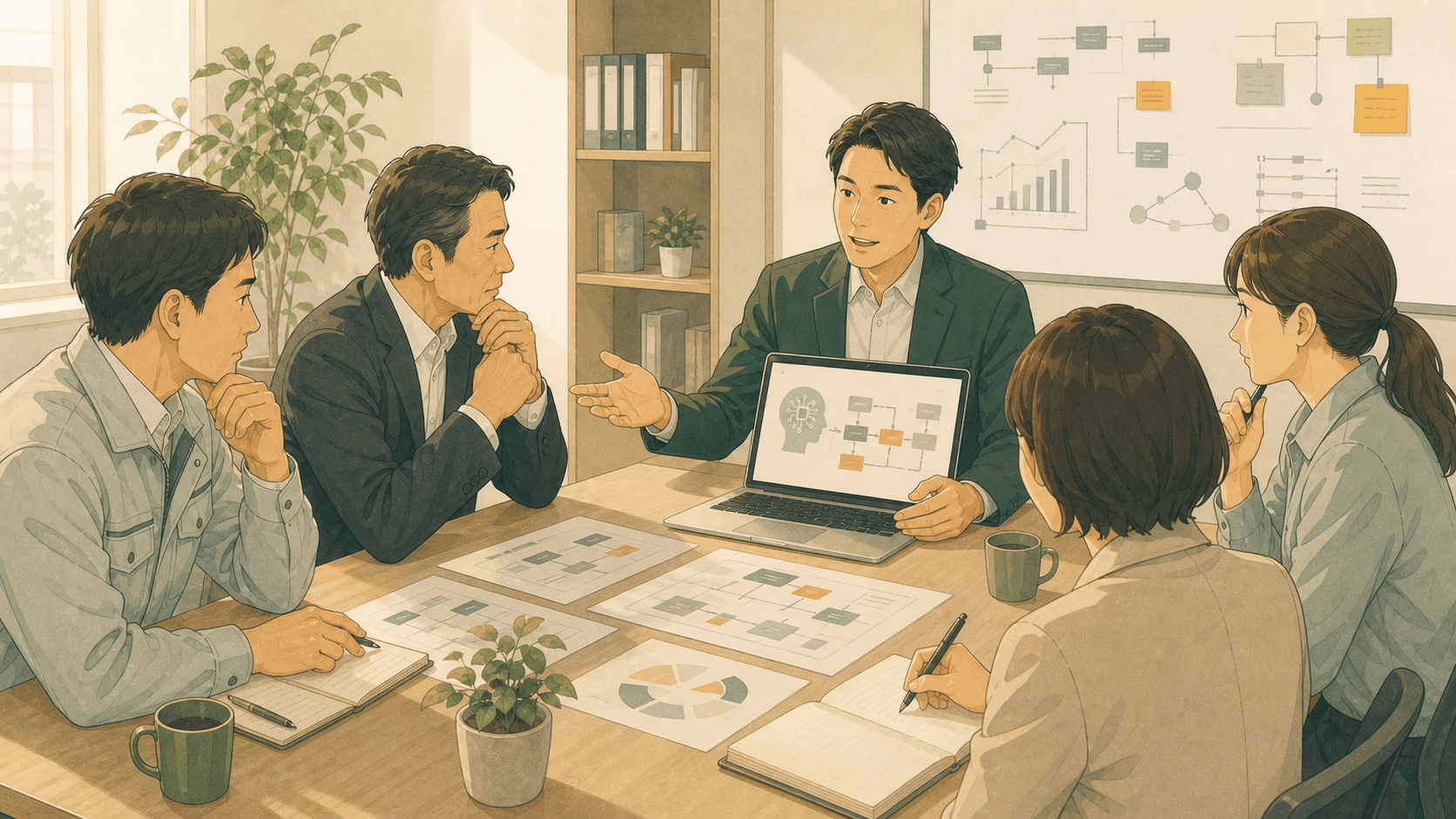 少人数の経営者やIT担当者がAIの基本と社内の困りごとについて相談している様子
