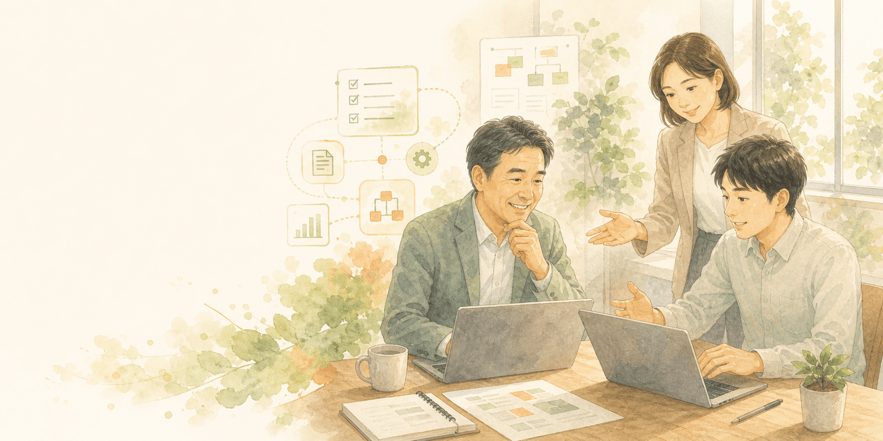 経営者とキーパーソンがAIを自社業務に活用する方法を学んでいる様子