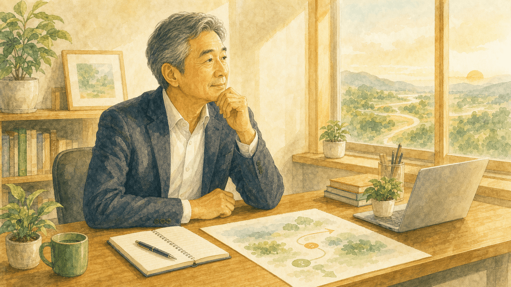 経営者が自分の会社の将来を静かに考えている様子